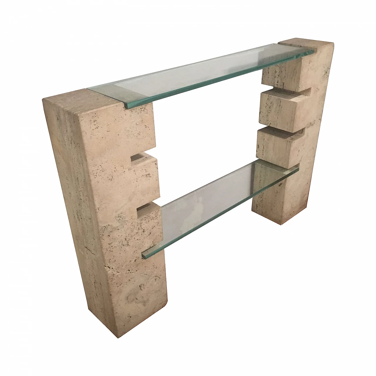Console italiana in travertino e vetro, degli anni '70 1075695