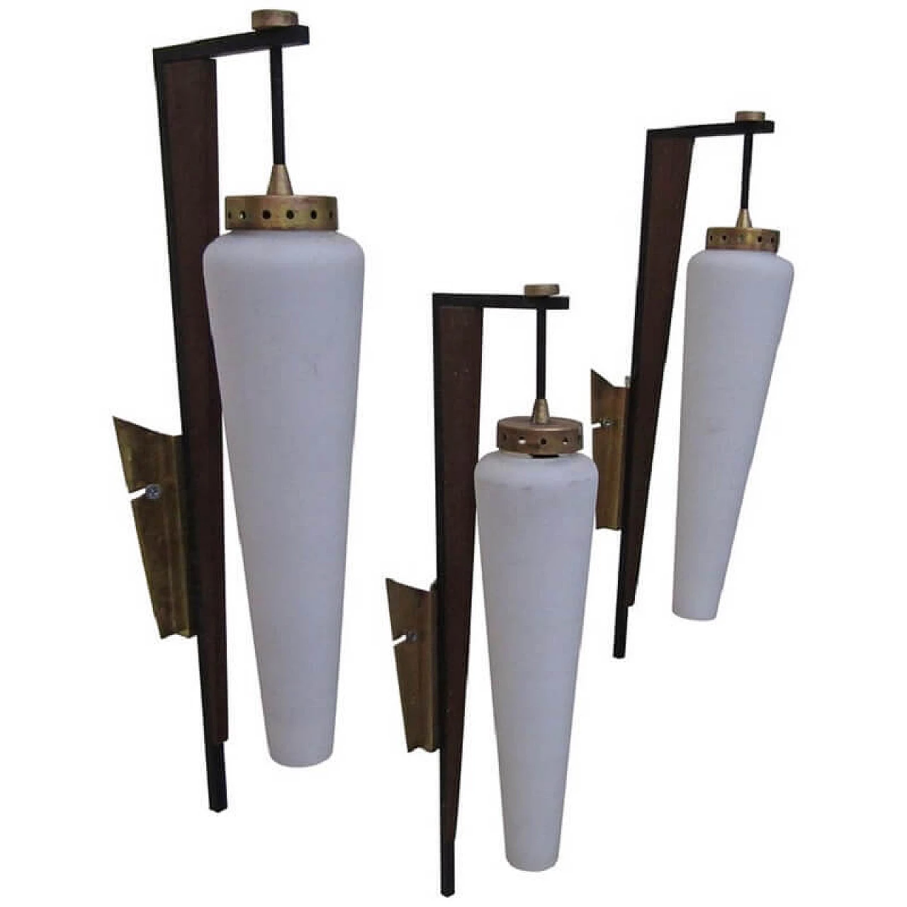 3 wall lamps, Stilnovo, metal, wood and satin glass, mid-century 1075751