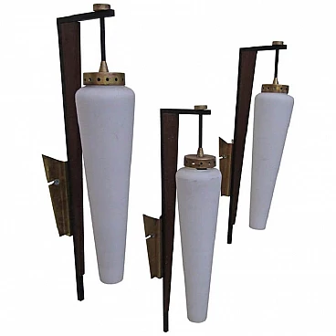 3 wall lamps, Stilnovo, metal, wood and satin glass, mid-century