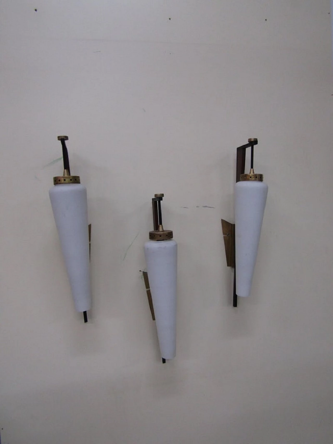 3 wall lamps, Stilnovo, metal, wood and satin glass, mid-century 1075752