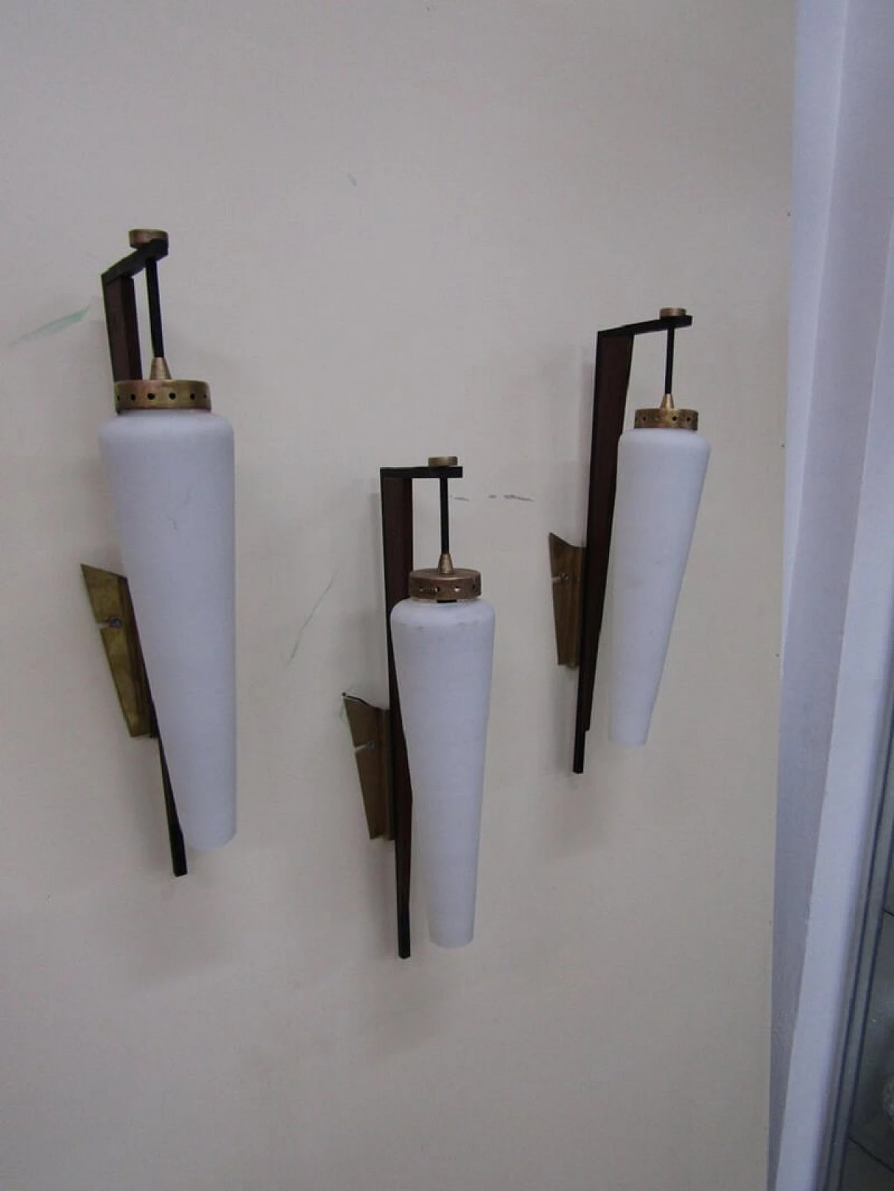3 wall lamps, Stilnovo, metal, wood and satin glass, mid-century 1075761