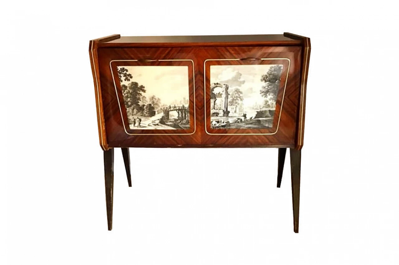Mobile Bar in rovere laccato con paesaggio, anni '50 1