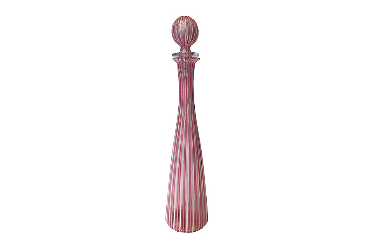 Bottle decorated with pink canes with cap, Venini 1950 1