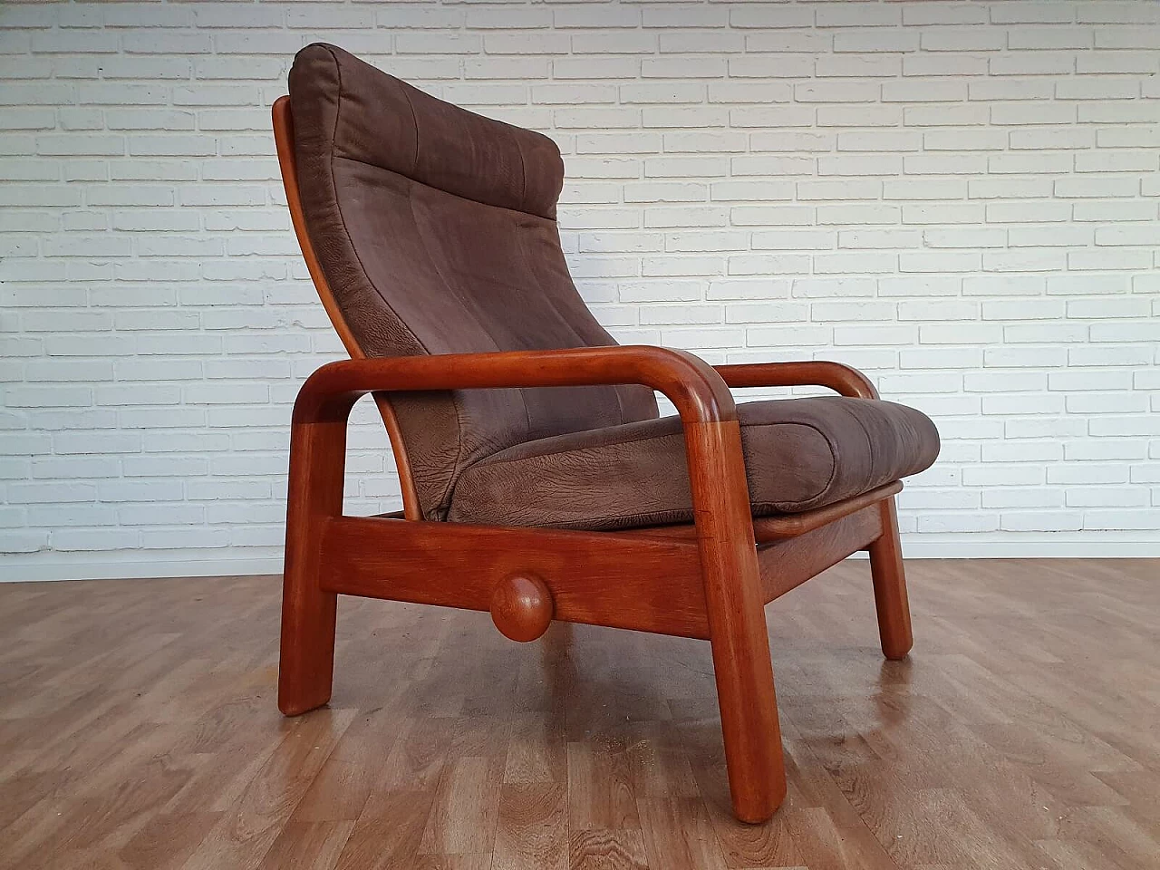 Poltrona regolabile danese, HS Design, pelle e teak, anni '80 1076349