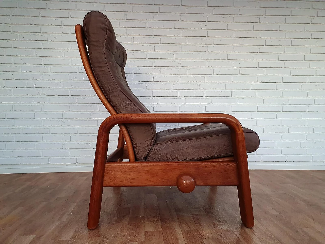 Poltrona regolabile danese, HS Design, pelle e teak, anni '80 1076350