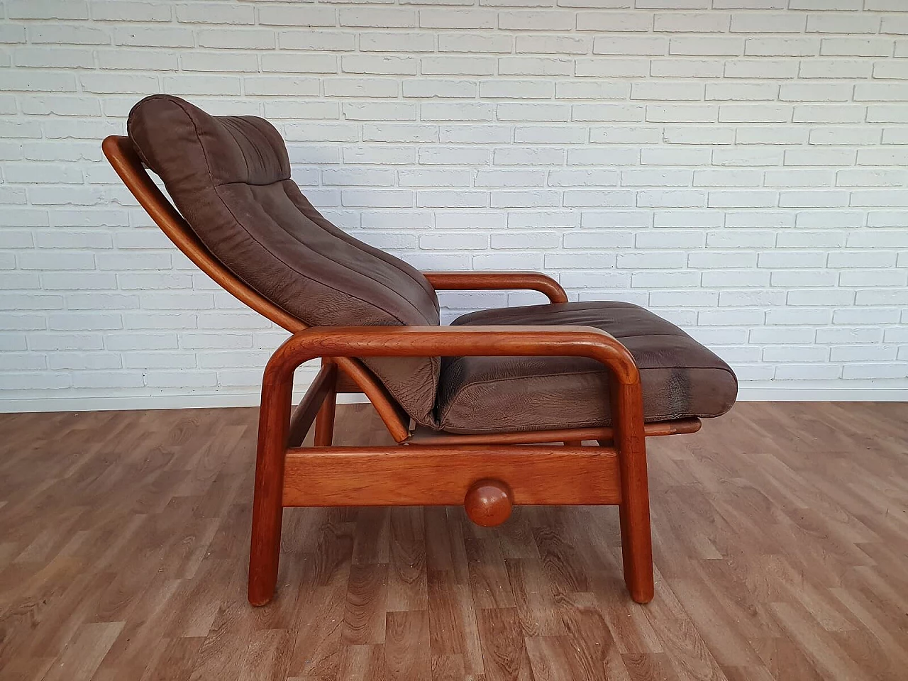 Poltrona regolabile danese, HS Design, pelle e teak, anni '80 1076351