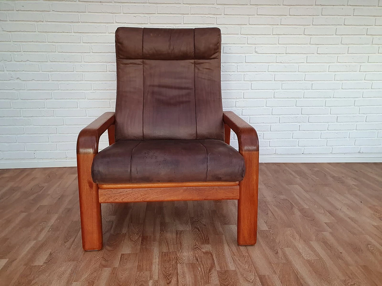 Poltrona regolabile danese, HS Design, pelle e teak, anni '80 1076352