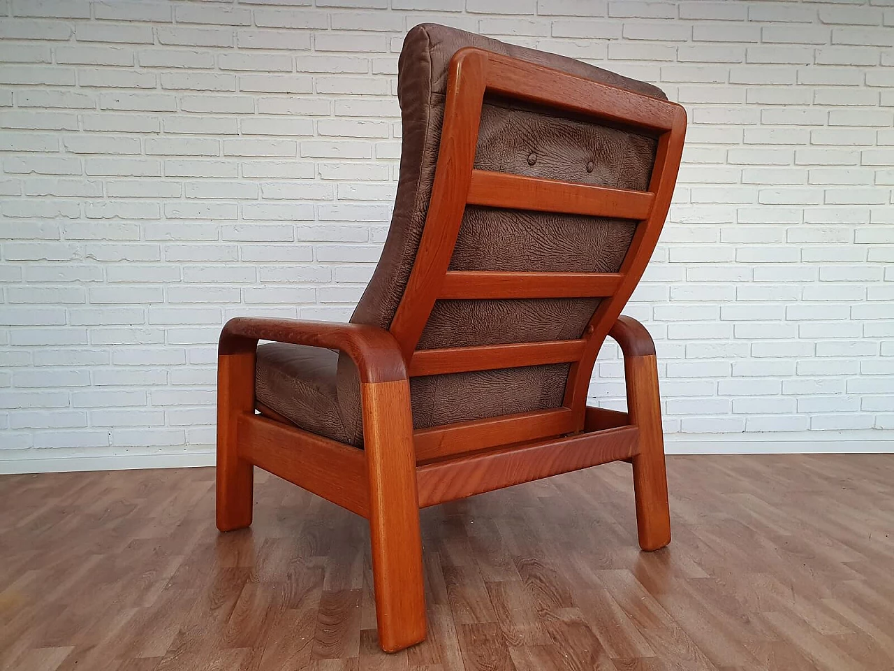 Poltrona regolabile danese, HS Design, pelle e teak, anni '80 1076354