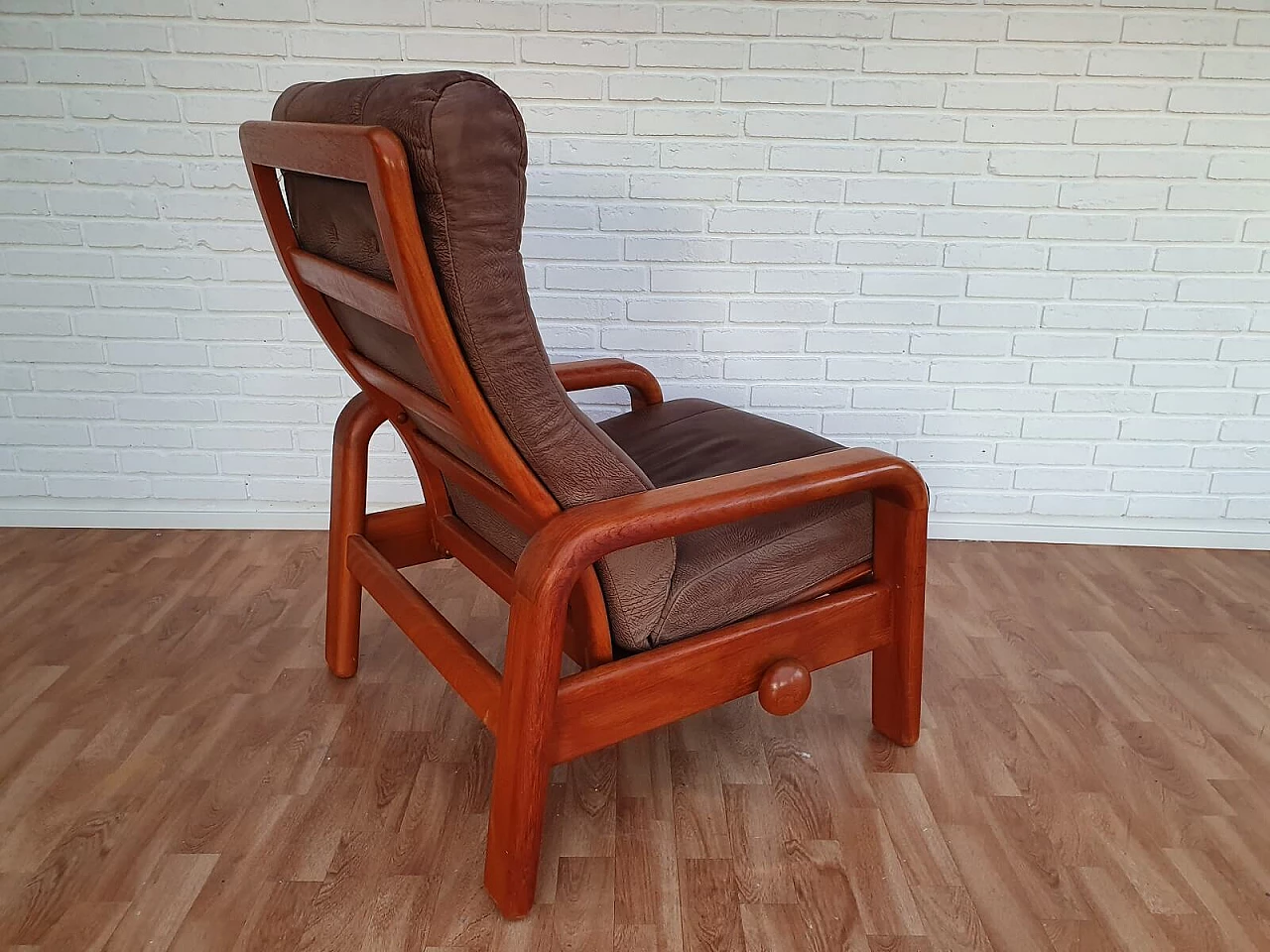 Poltrona regolabile danese, HS Design, pelle e teak, anni '80 1076358