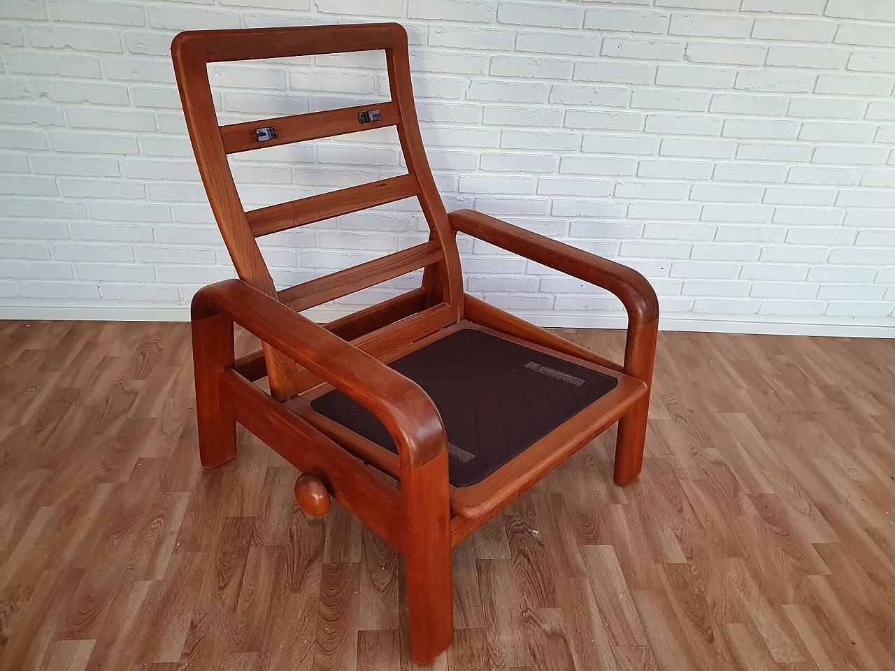 Poltrona regolabile danese, HS Design, pelle e teak, anni '80 1076359