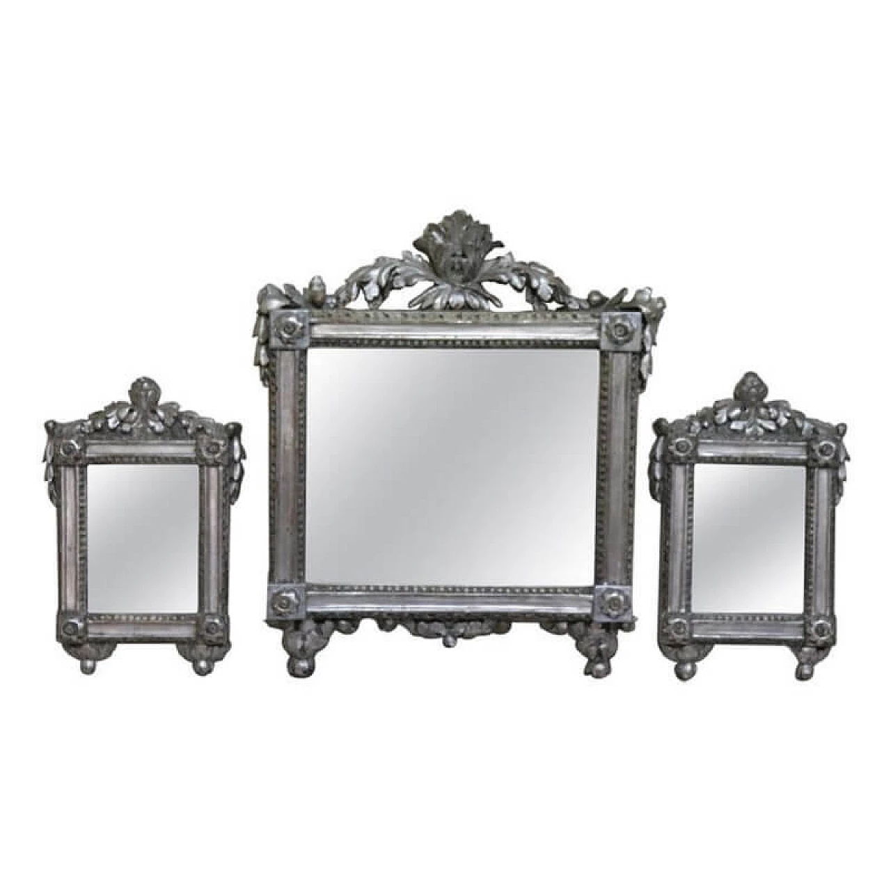 Set di 3 specchiere antiche Luigi XVI in legno argentato, '700 1076457