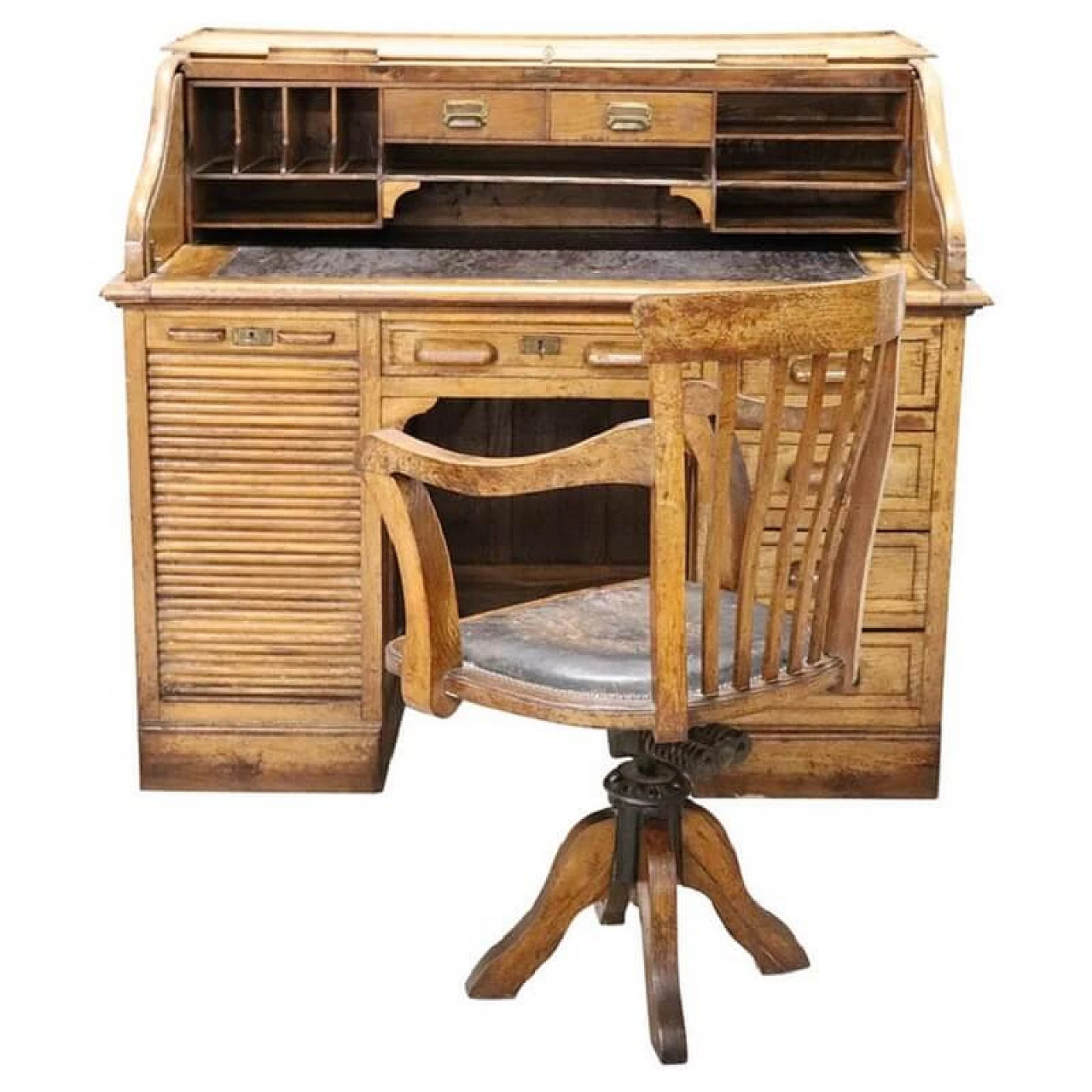 Grande scrivania antica Art Deco in rovere e sedia 1076619