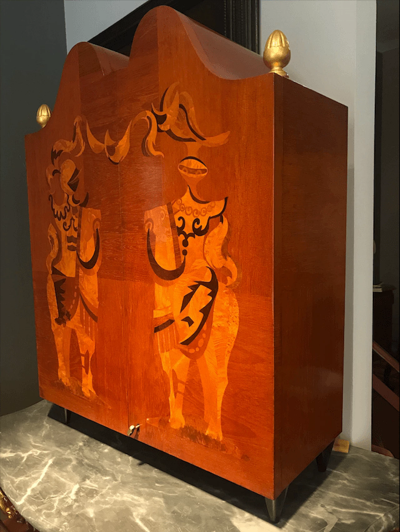 Mobile bar intarsiato e illuminato internamente, anni '50 3