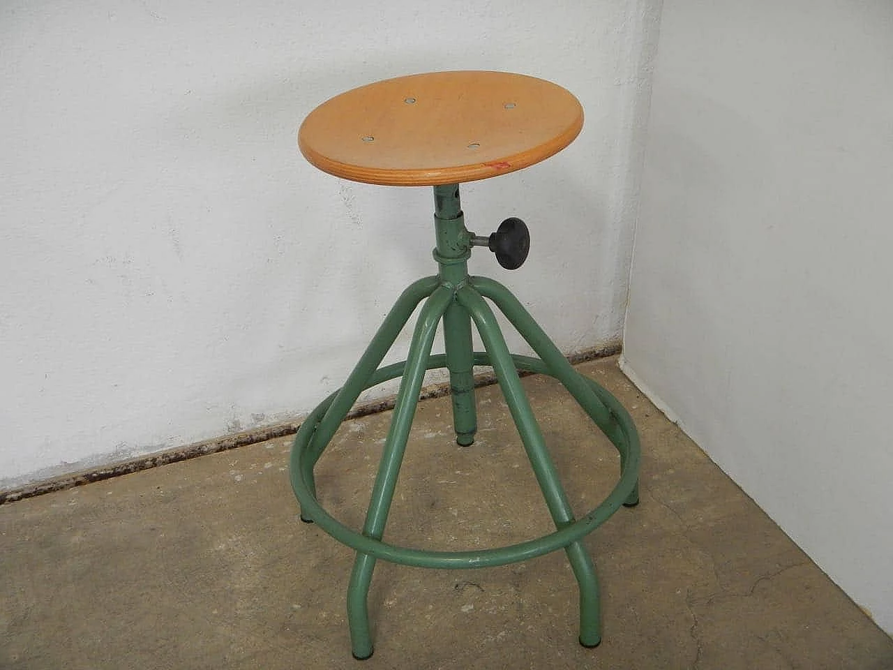 Oak and green painted metal swivel school stool, 1980s 1076794