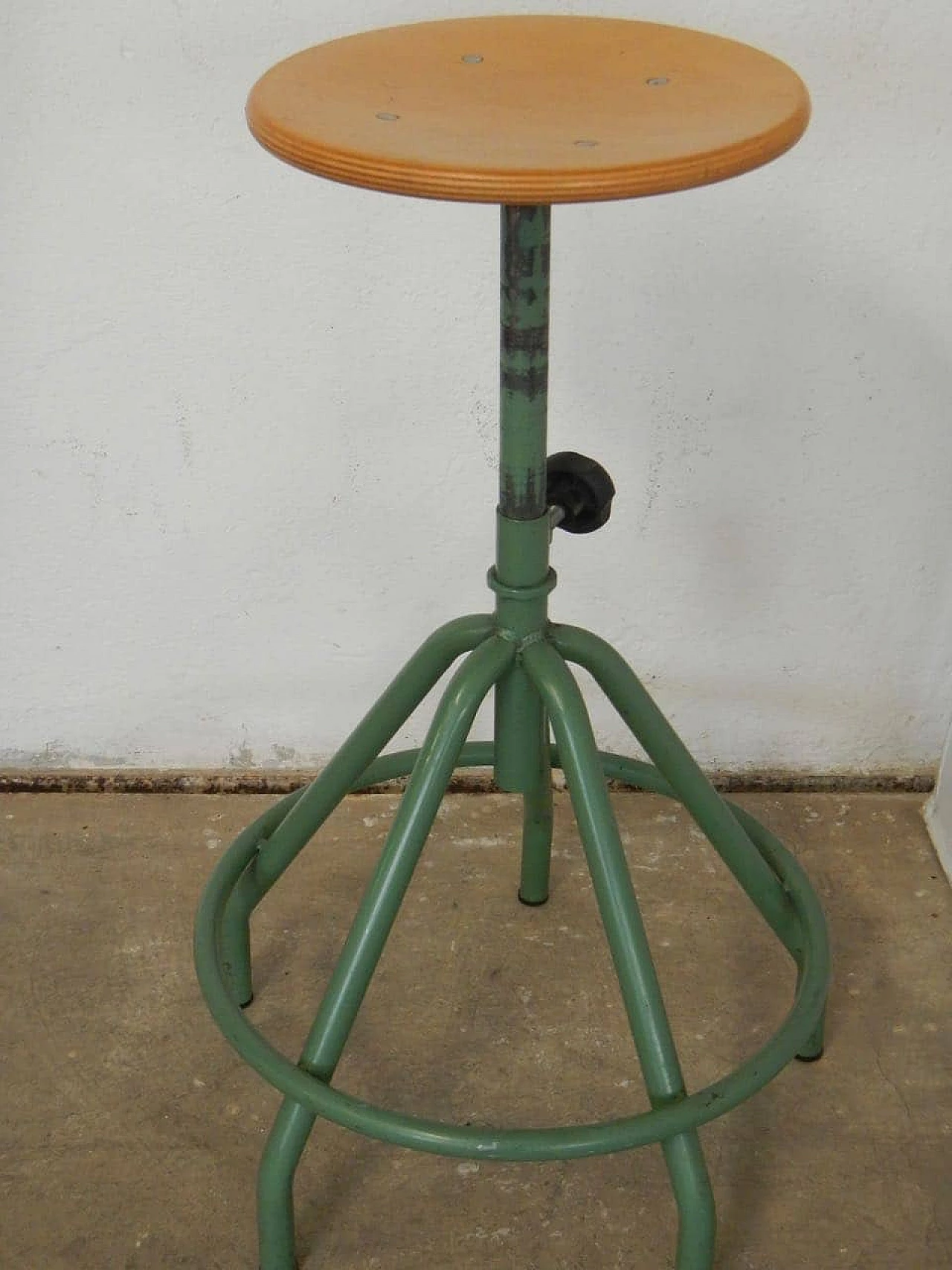 Oak and green painted metal swivel school stool, 1980s 1076795
