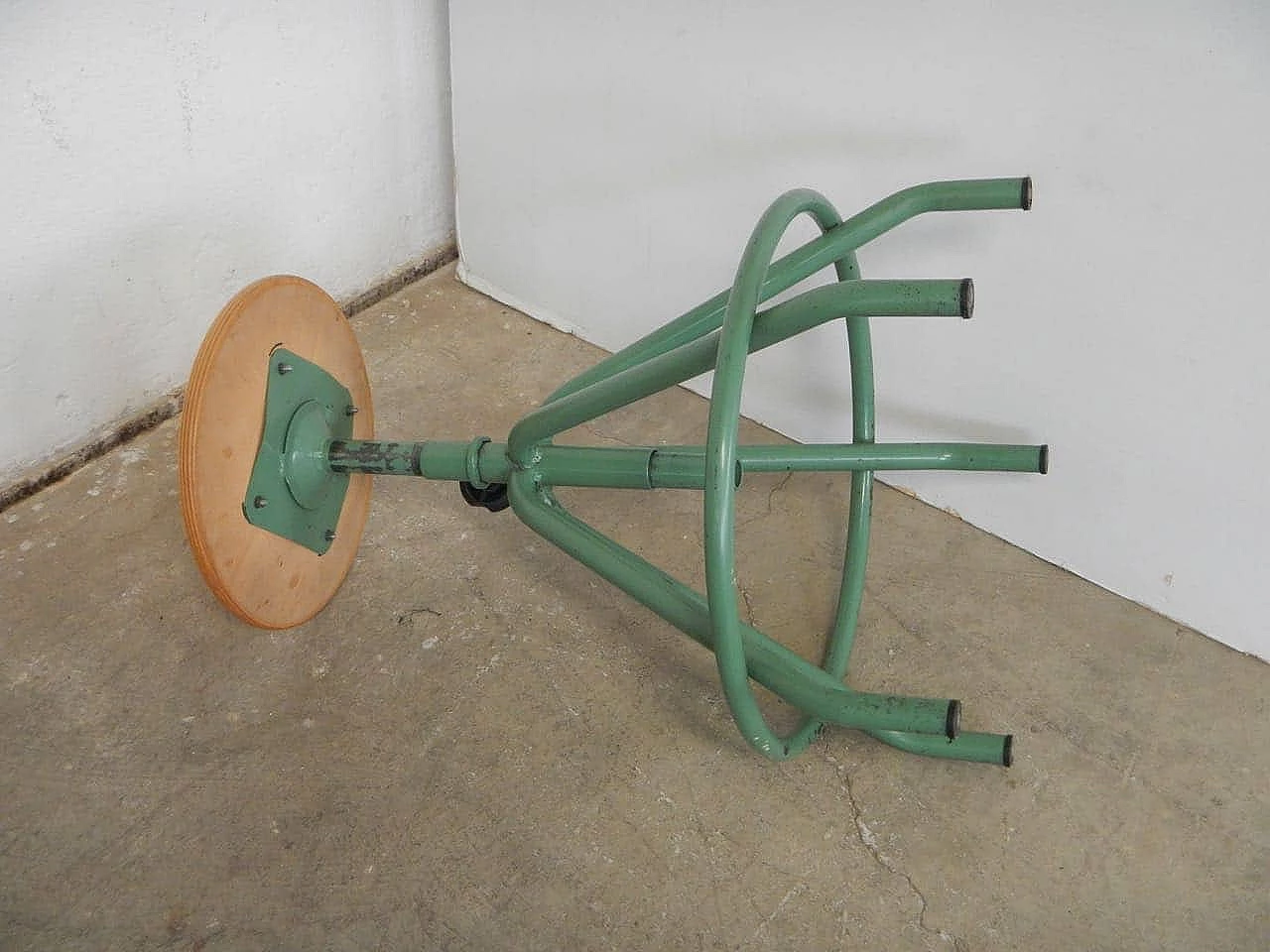 Oak and green painted metal swivel school stool, 1980s 1076796