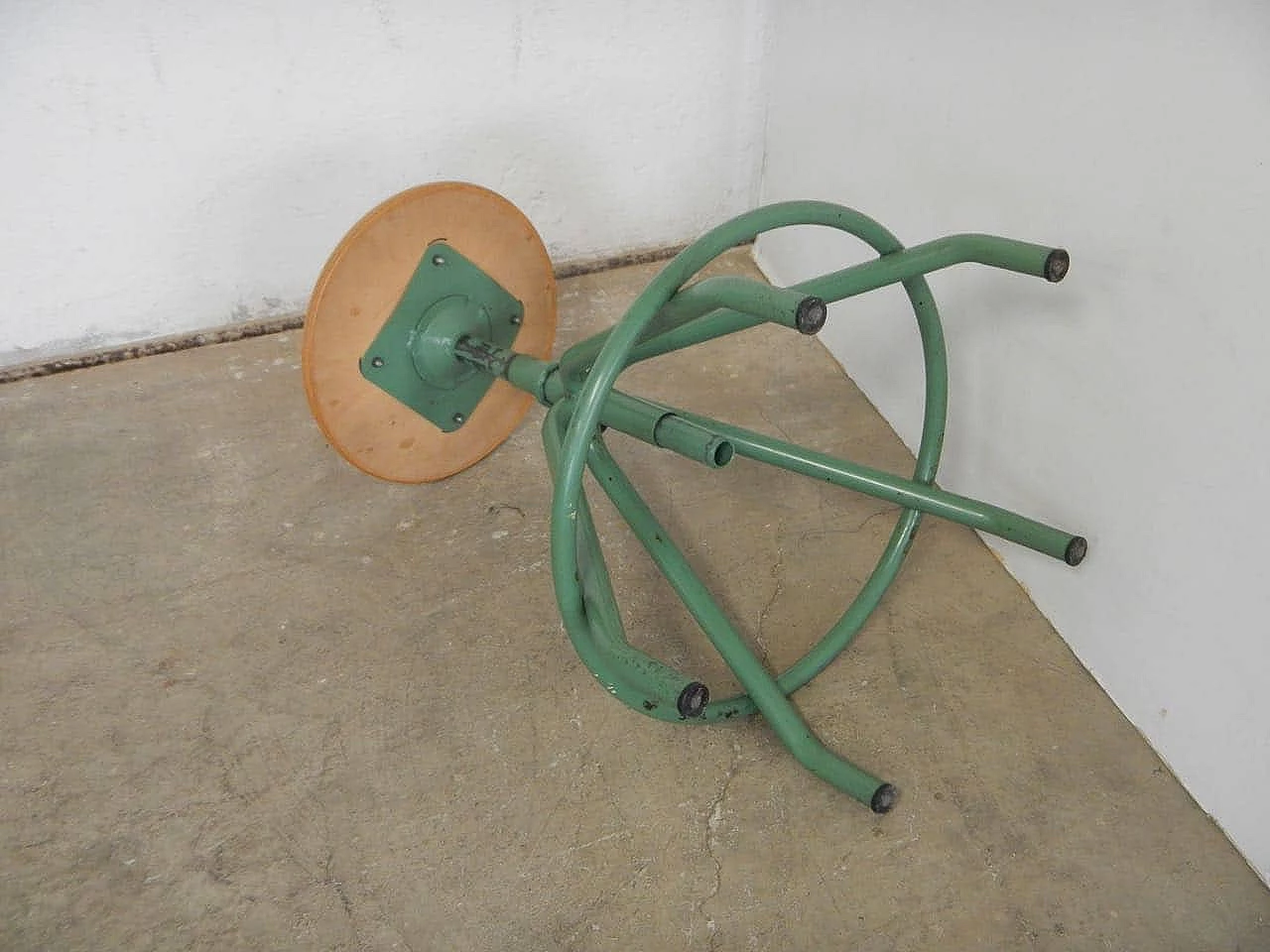 Oak and green painted metal swivel school stool, 1980s 1076797