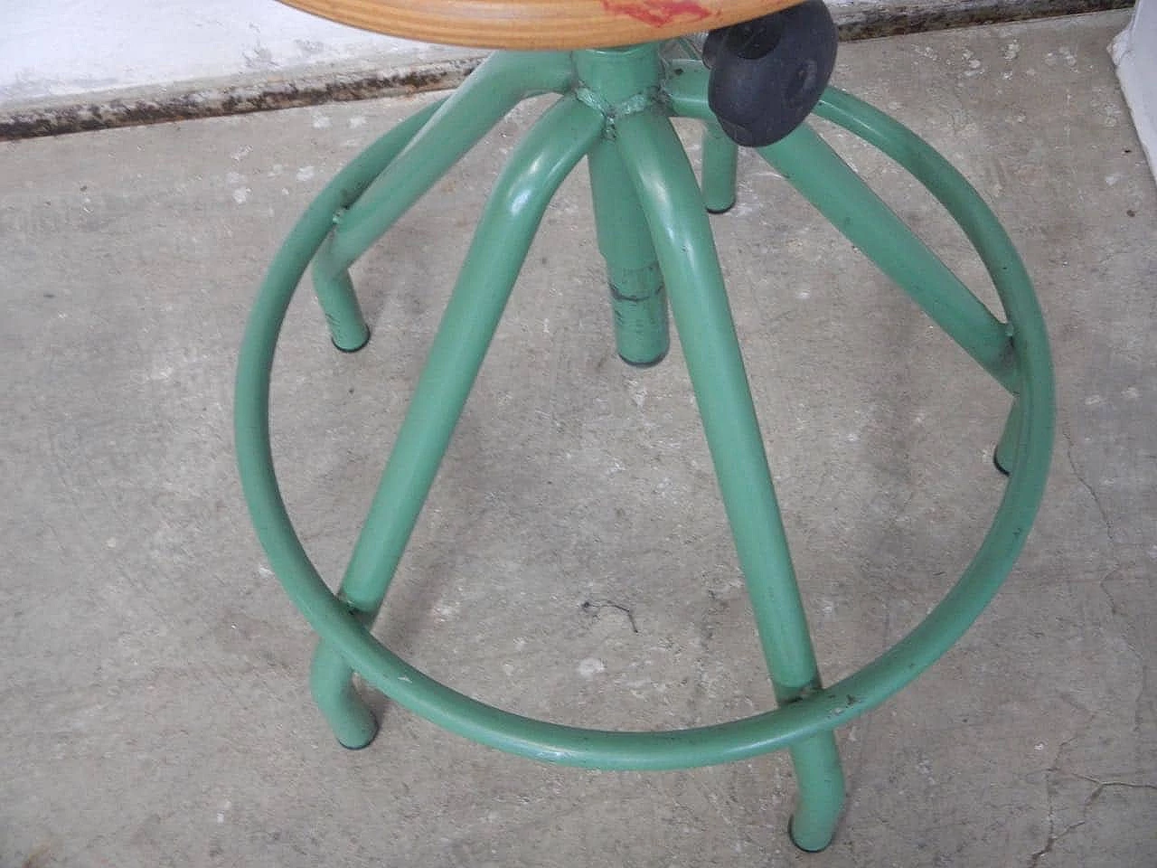 Oak and green painted metal swivel school stool, 1980s 1076798