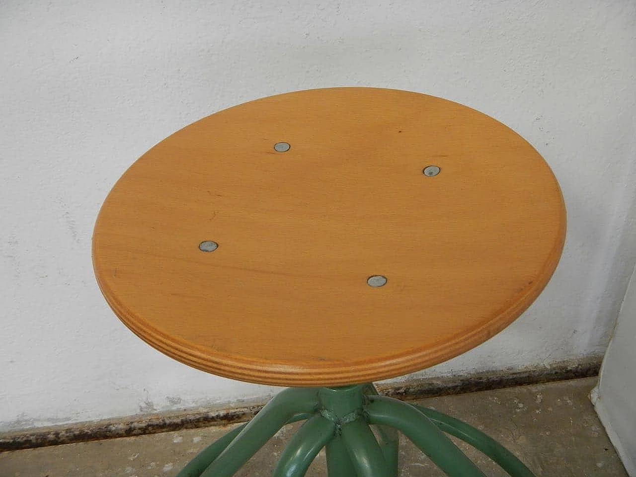 Oak and green painted metal swivel school stool, 1980s 1076799