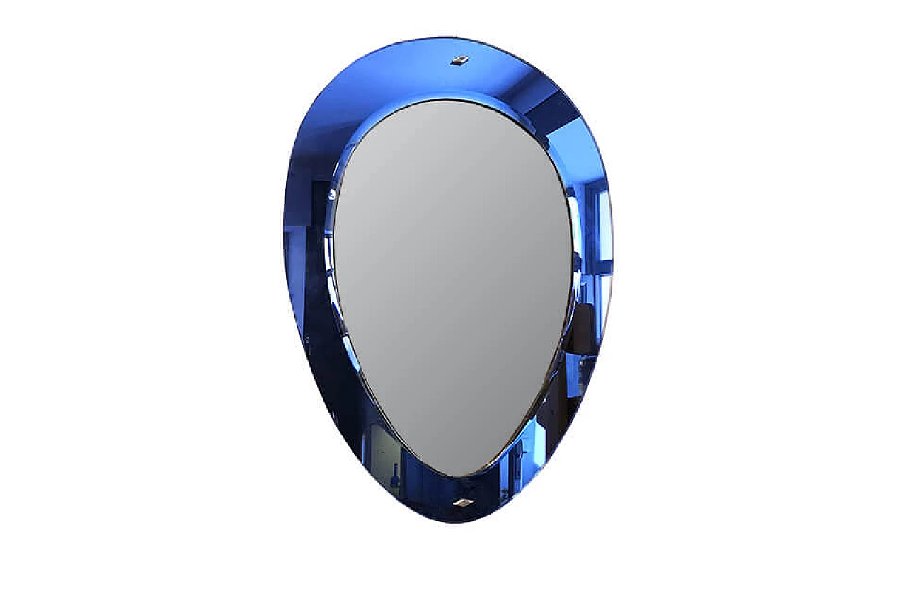 Specchio blu ovale in vetro anni '50 1