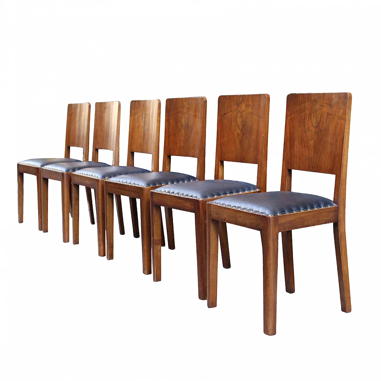6 sedie in legno di noce e pelle, anni '40 1077259
