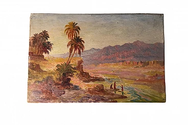 Olio su tavola di paesaggio orientale, Ortega, primi '900