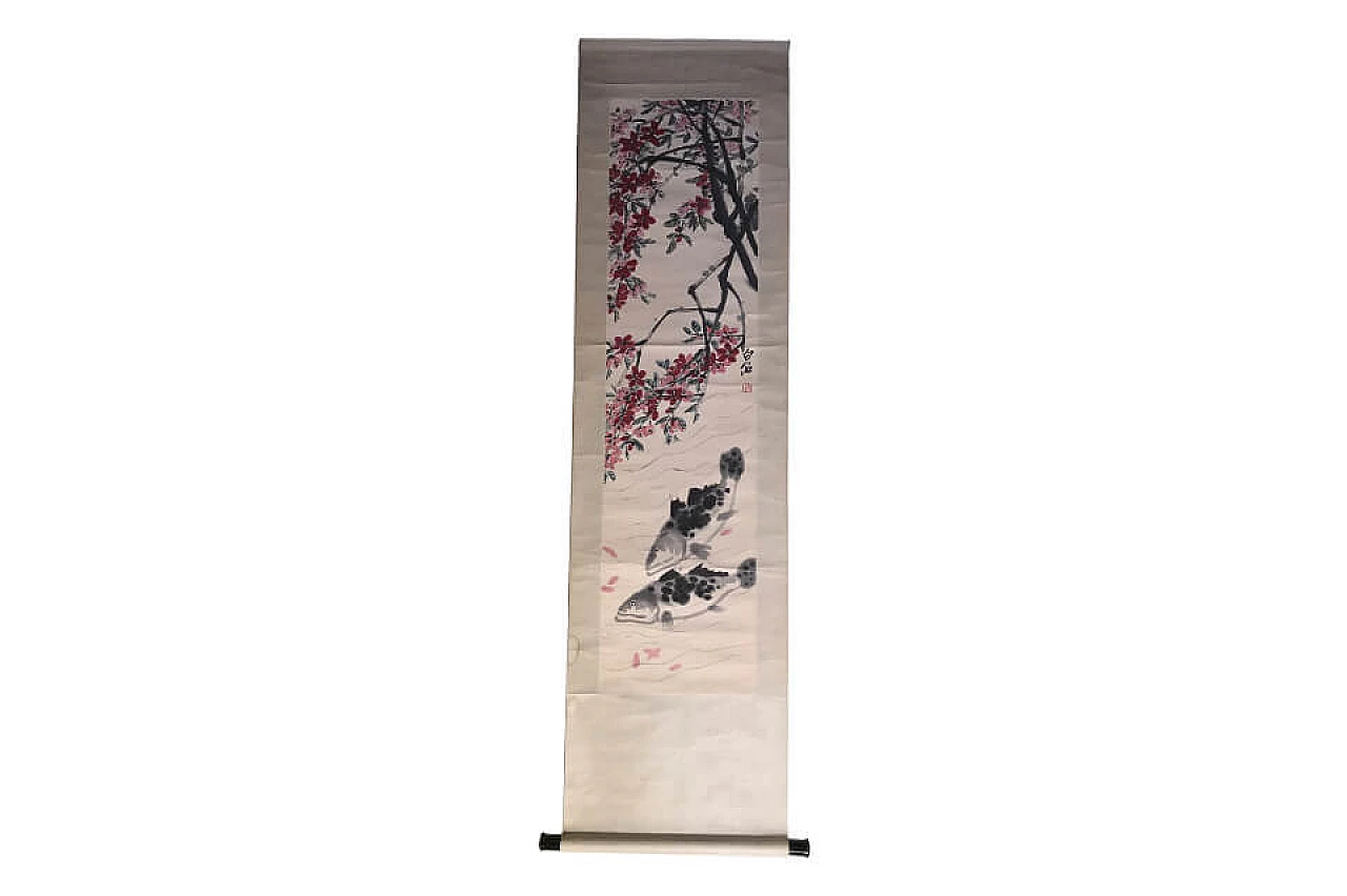 Pannello cinese in seta jaquard con acquerello su carta  1