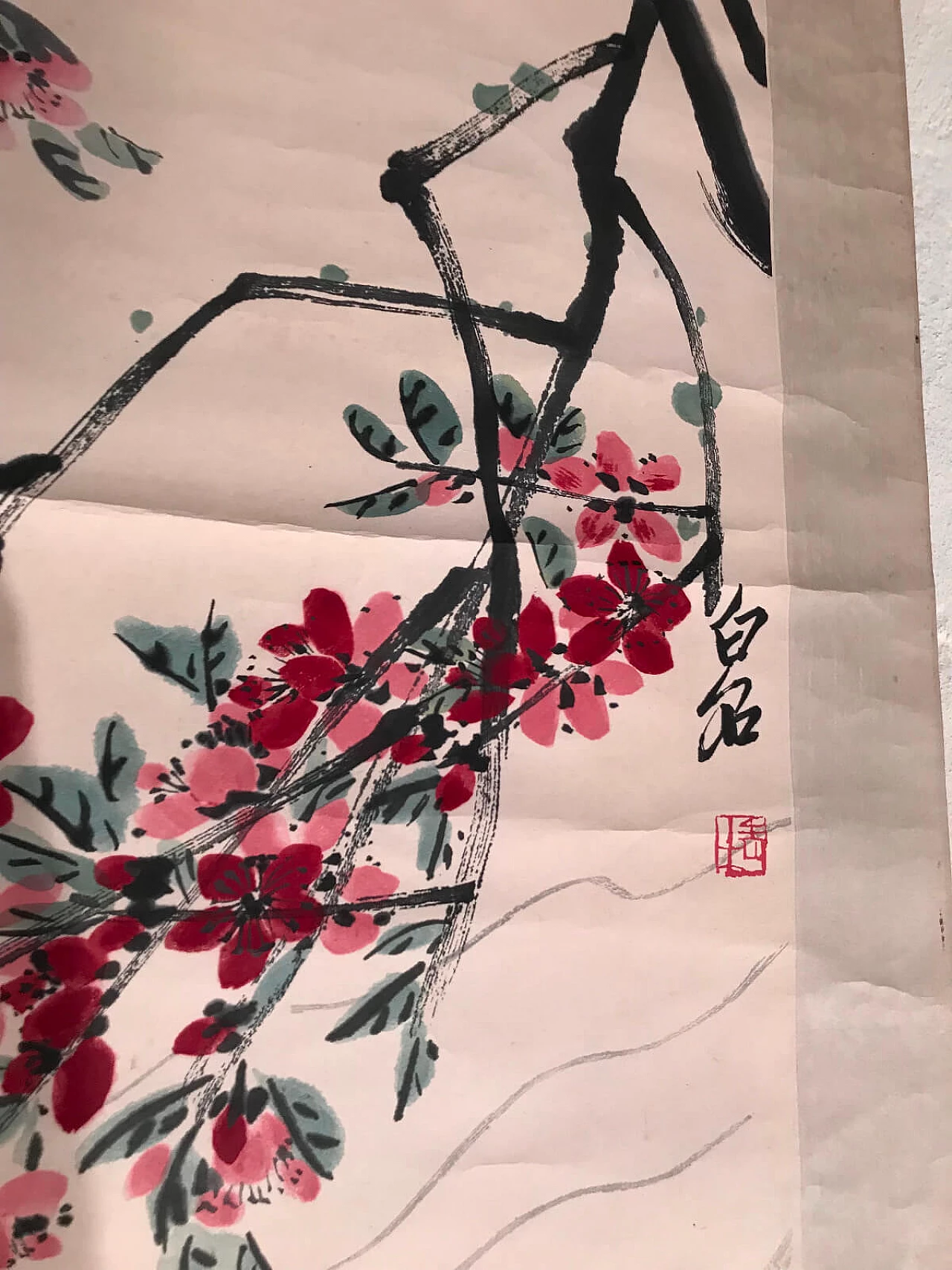 Pannello cinese in seta jaquard con acquerello su carta  5