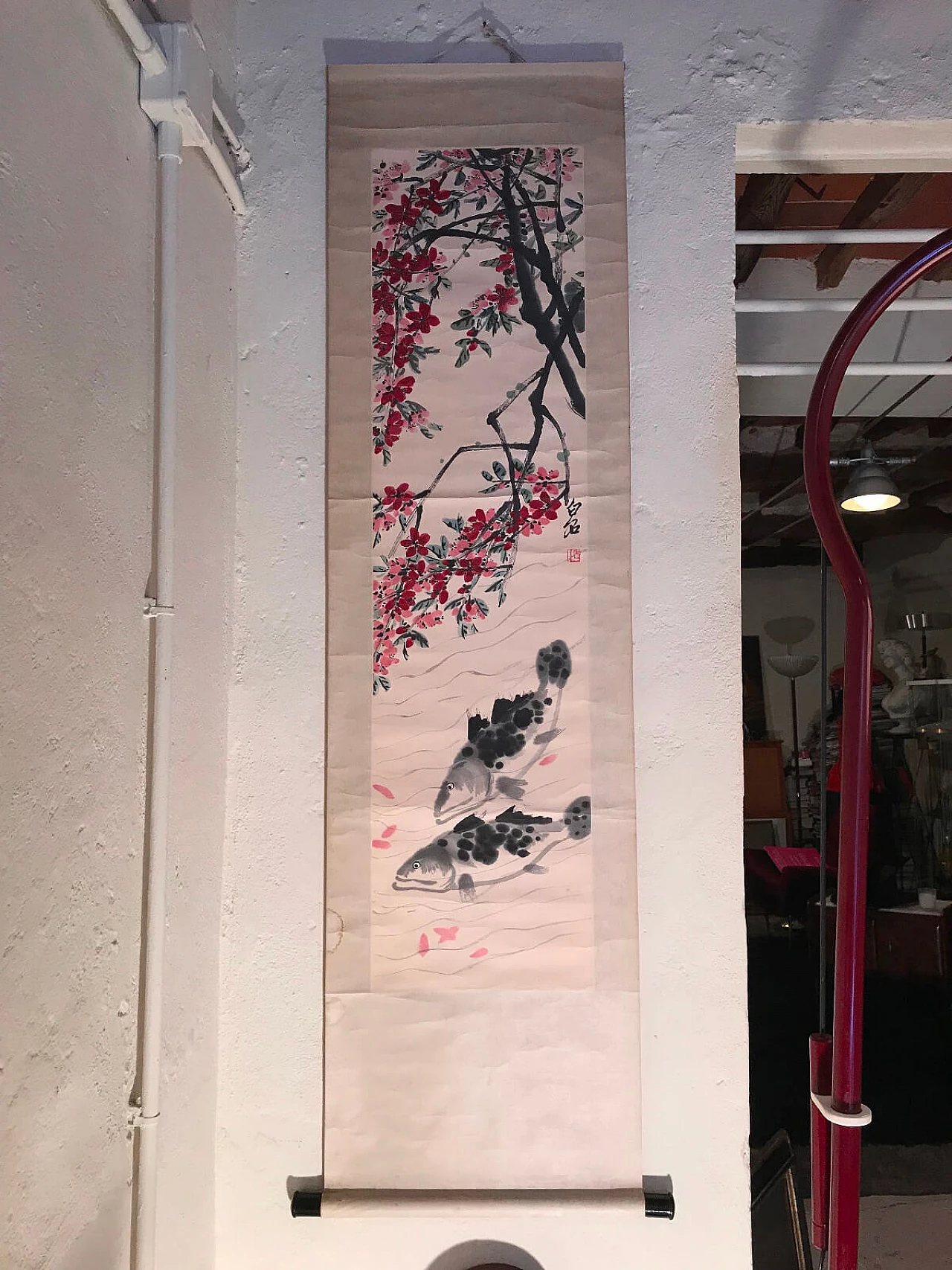 Pannello cinese in seta jaquard con acquerello su carta  2