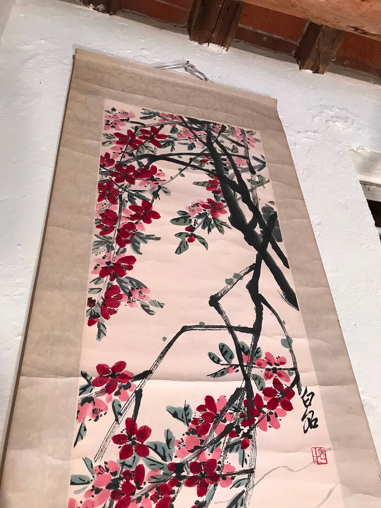 Pannello cinese in seta jaquard con acquerello su carta  4