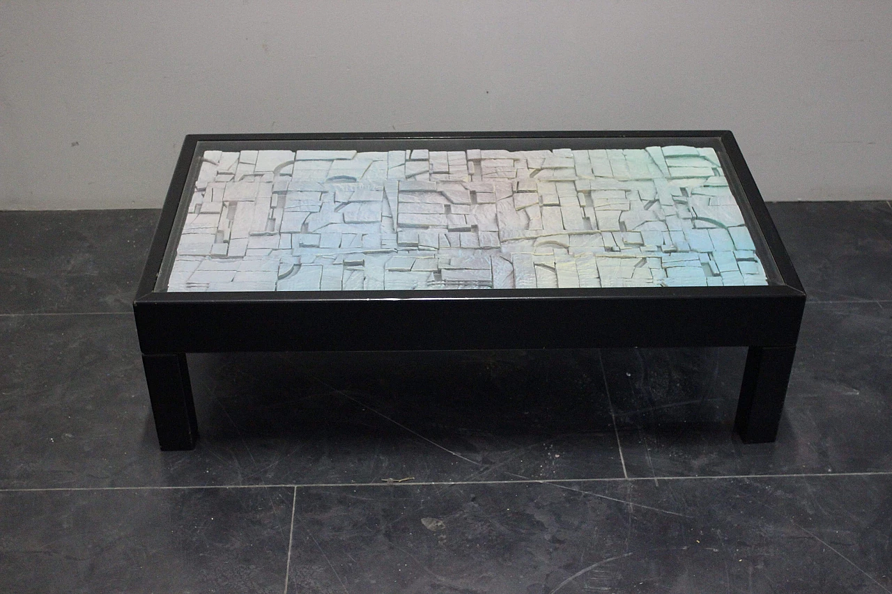 Living room coffee table, in wood and glass, space age, 70s 1078254