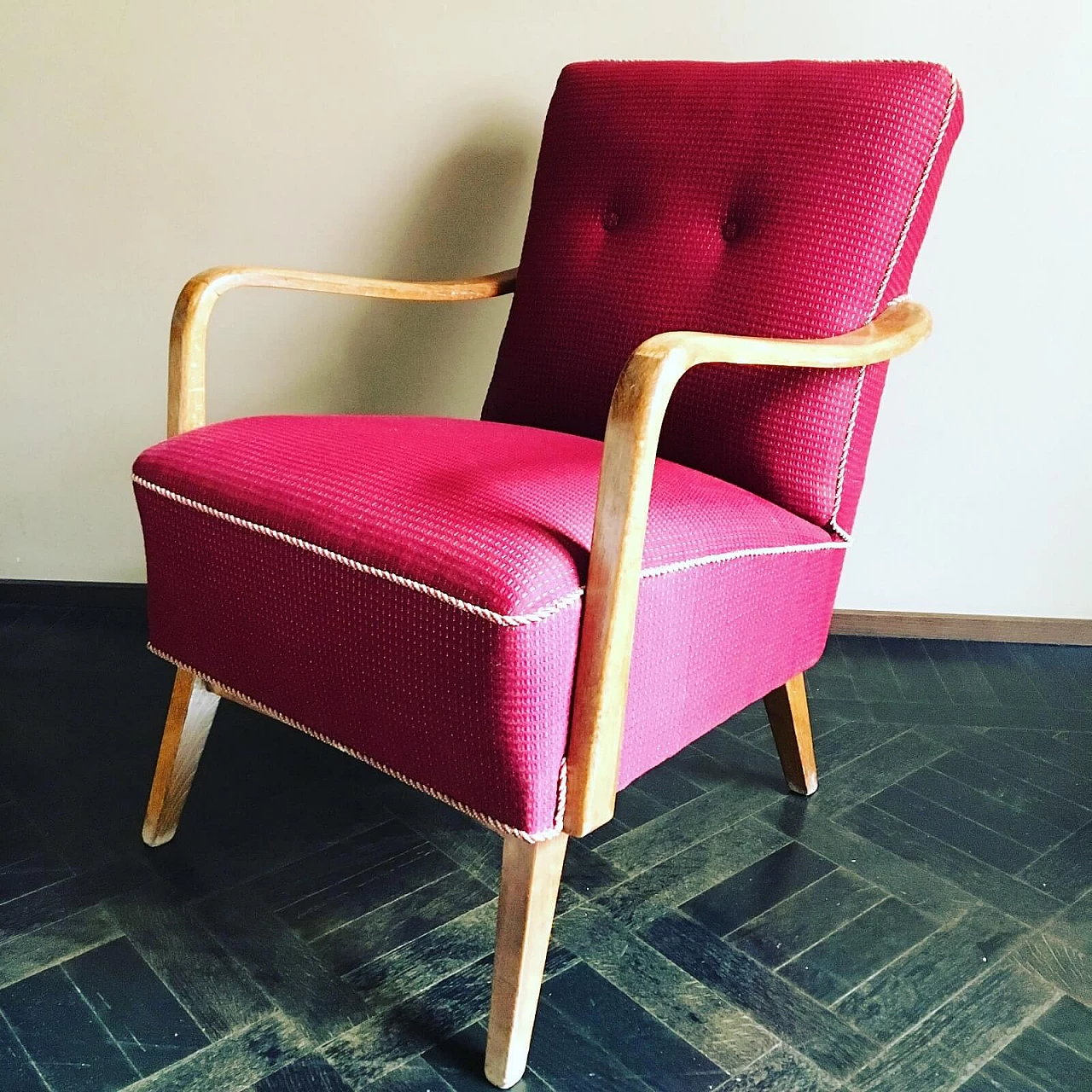 Red beech and fabric armchair, 1950s 2