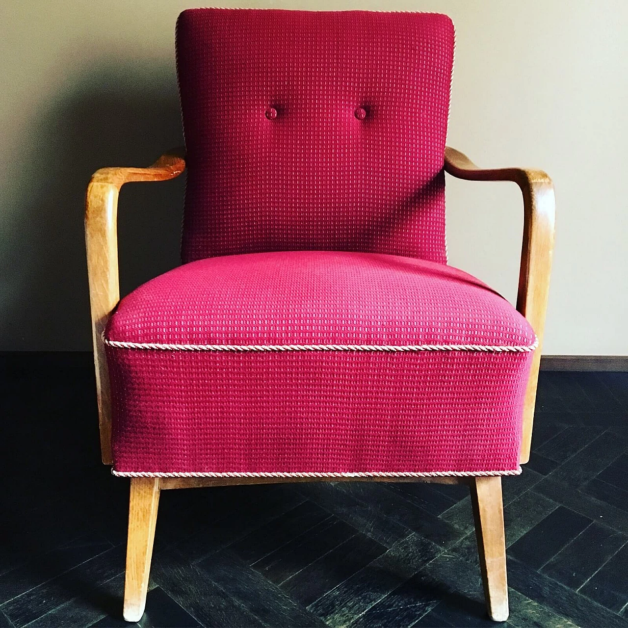 Red beech and fabric armchair, 1950s 3