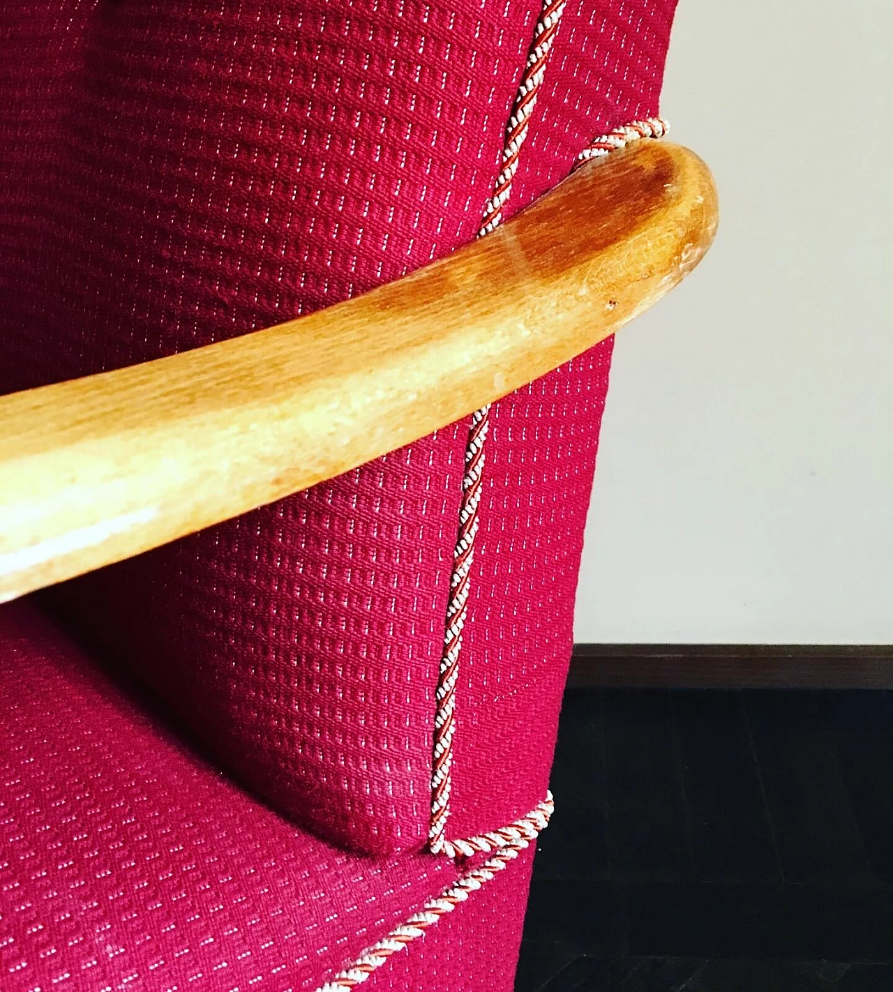 Red beech and fabric armchair, 1950s 4