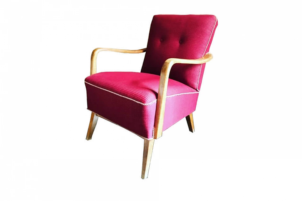 Red beech and fabric armchair, 1950s 1