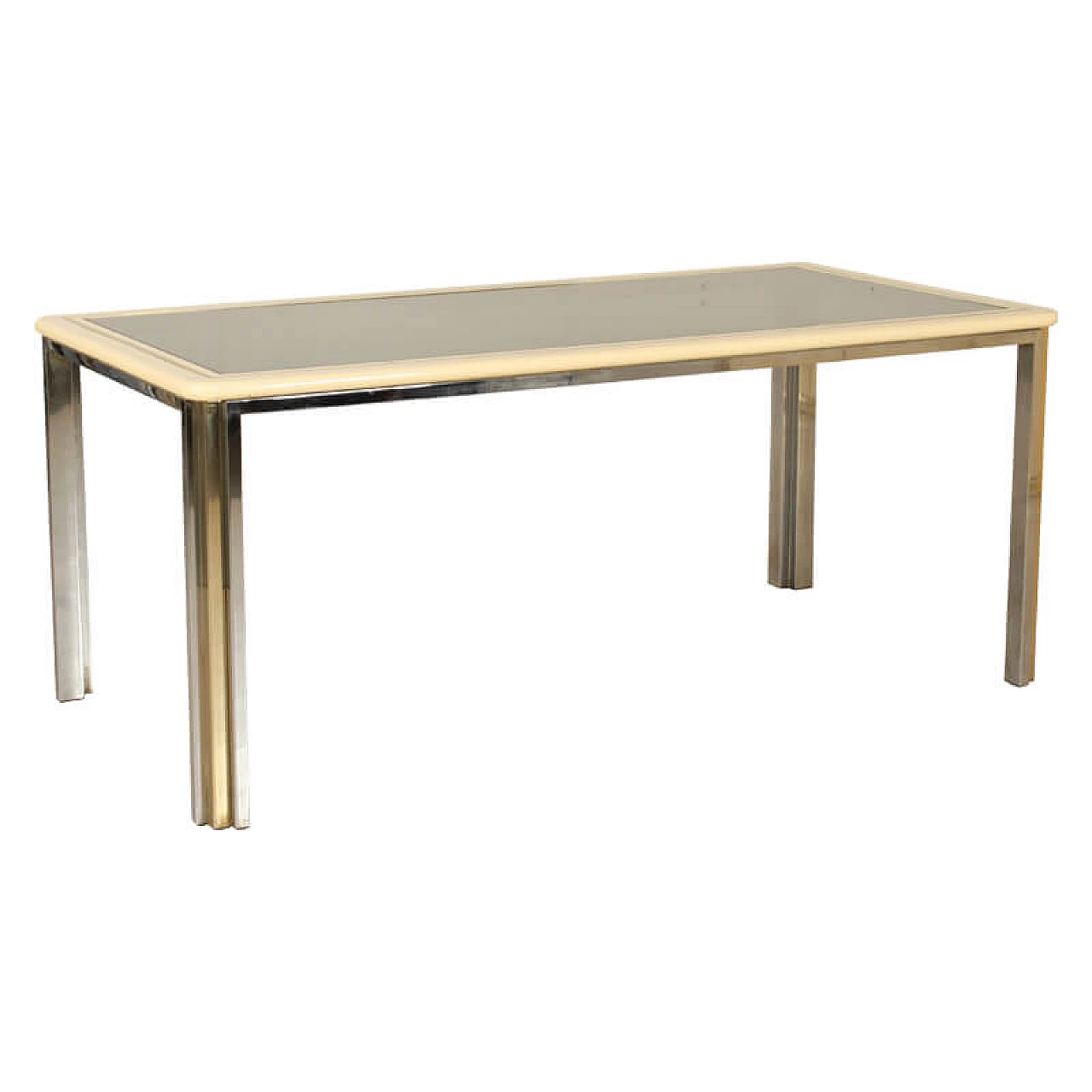 Table in steel and brass, with smoked glass top, 70's 1078745