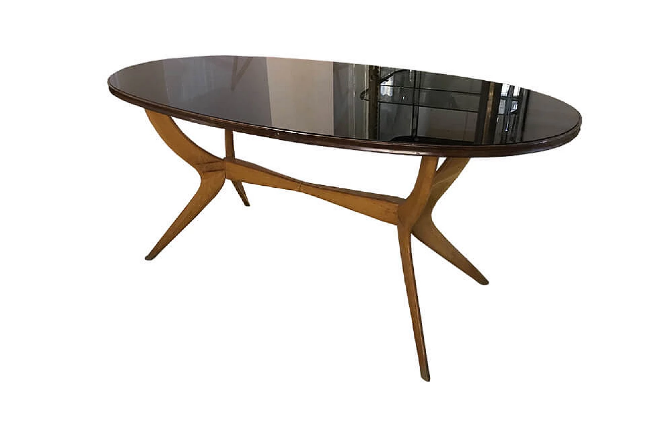 Wooden oval table with black glass top, 50s 1