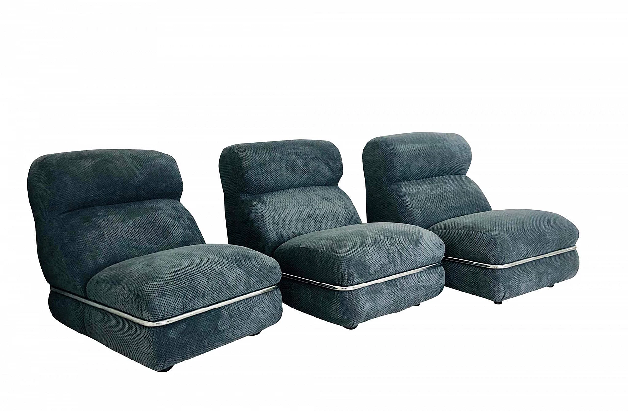 Set of 3 armchairs, chromed and grey velvet, Italy, 70s 1079211