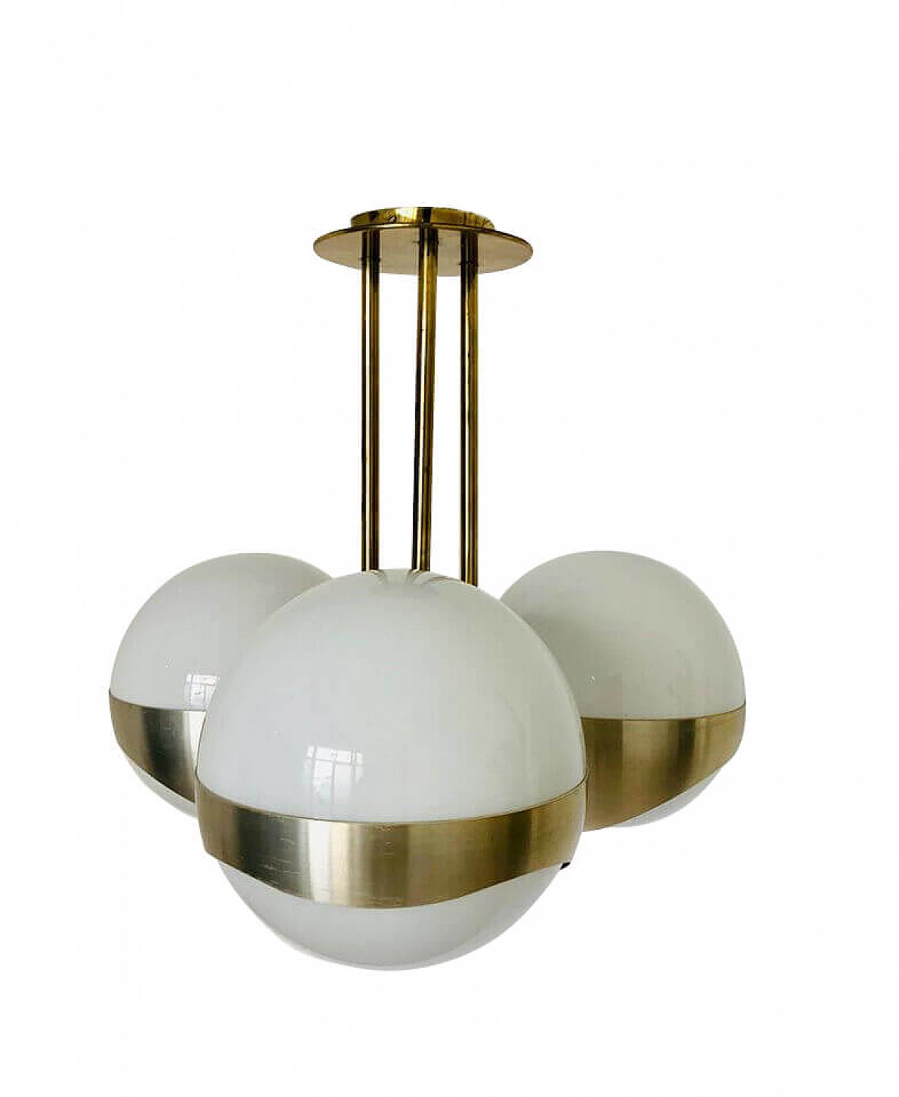 Lampadario a 3 luci, ottone e vetro, Lamperti, anni '70 1079434