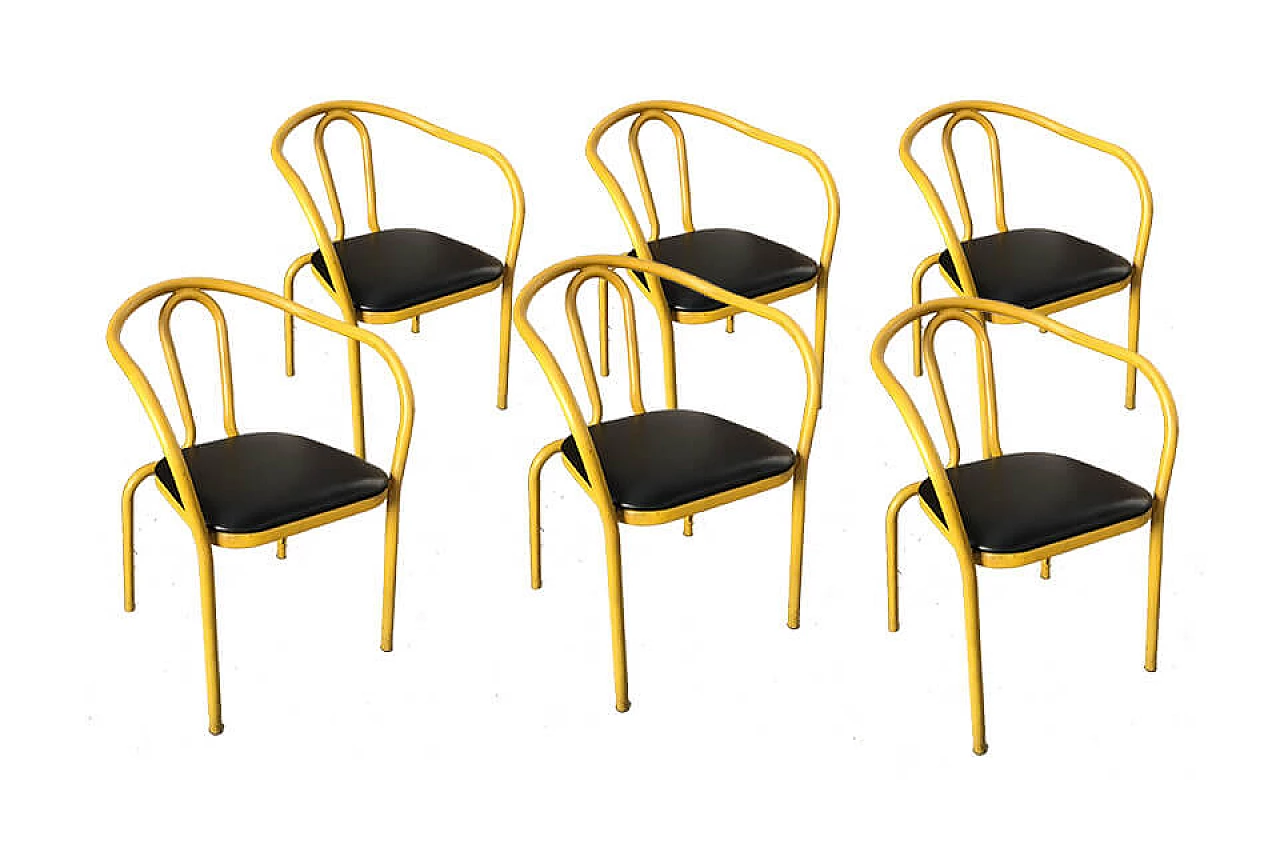 6 yellow chairs with sky black Italy '60s seat 1