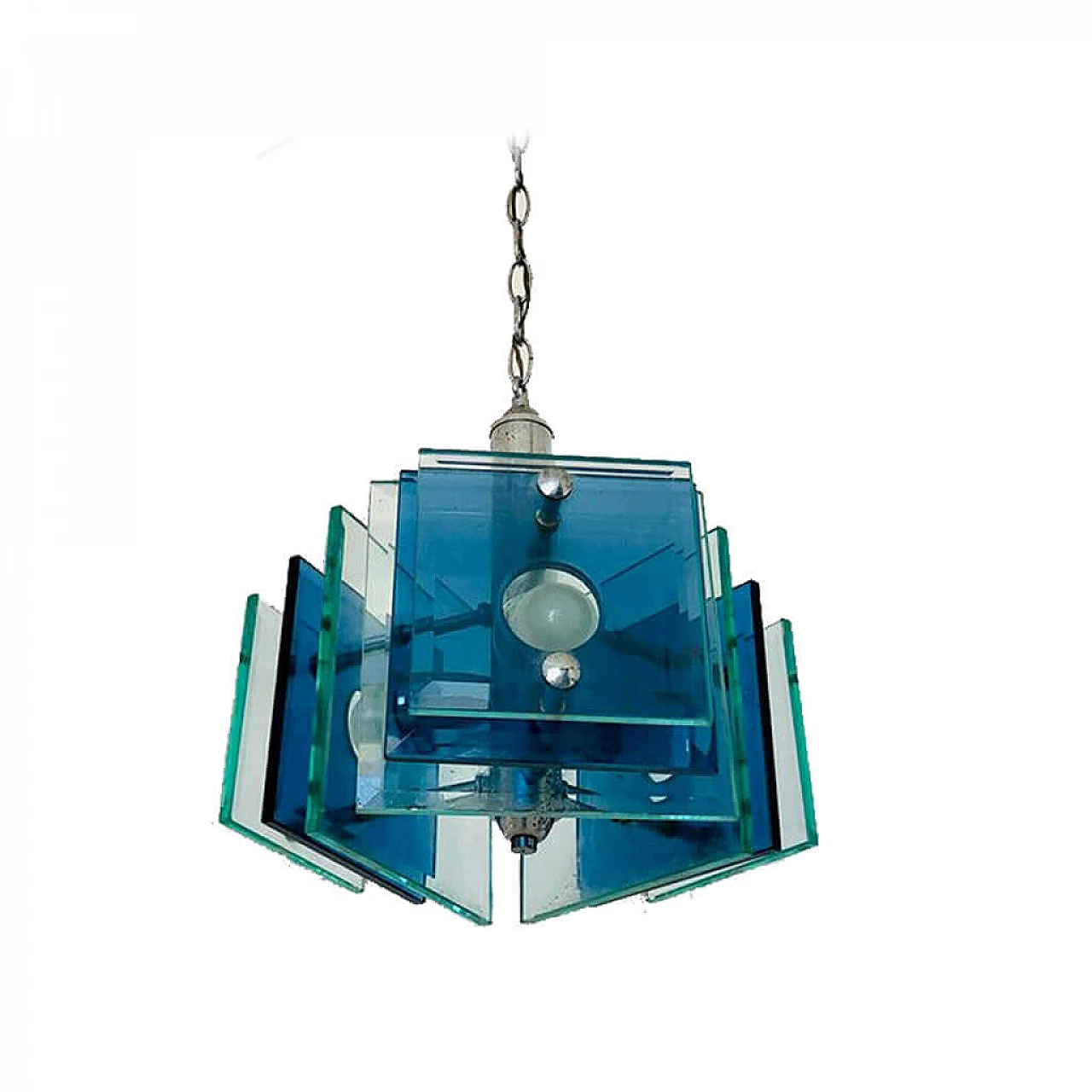 Chandelier with 3 lights in blue glass and chromed metal, Veca, 60's 1079580