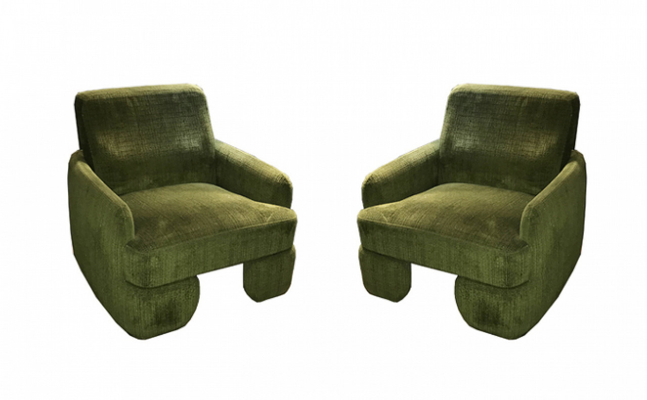 Pair of green velvet armchairs, 70s 1