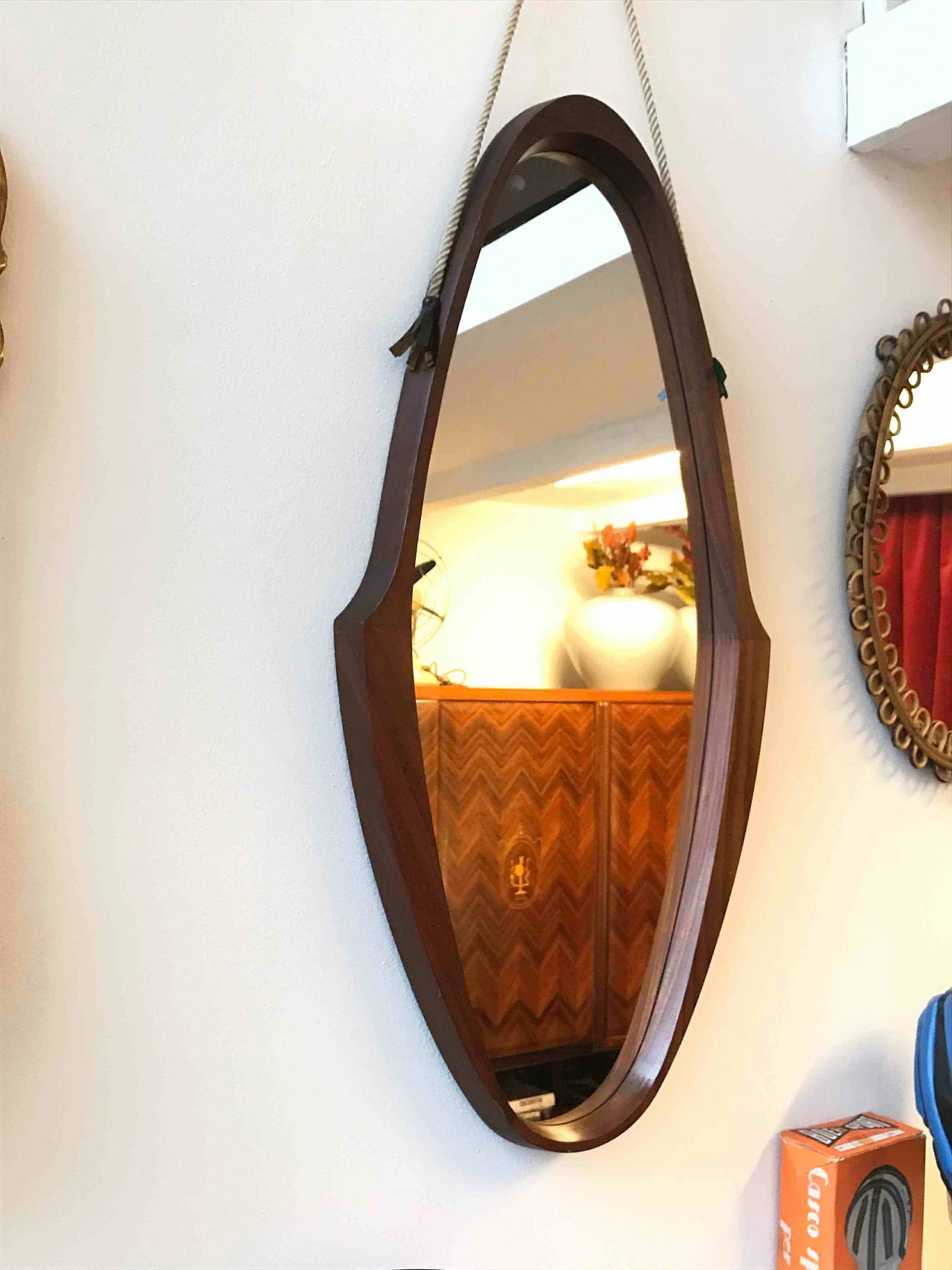 Wooden mirror, with leather tassel, 1950s 1079745