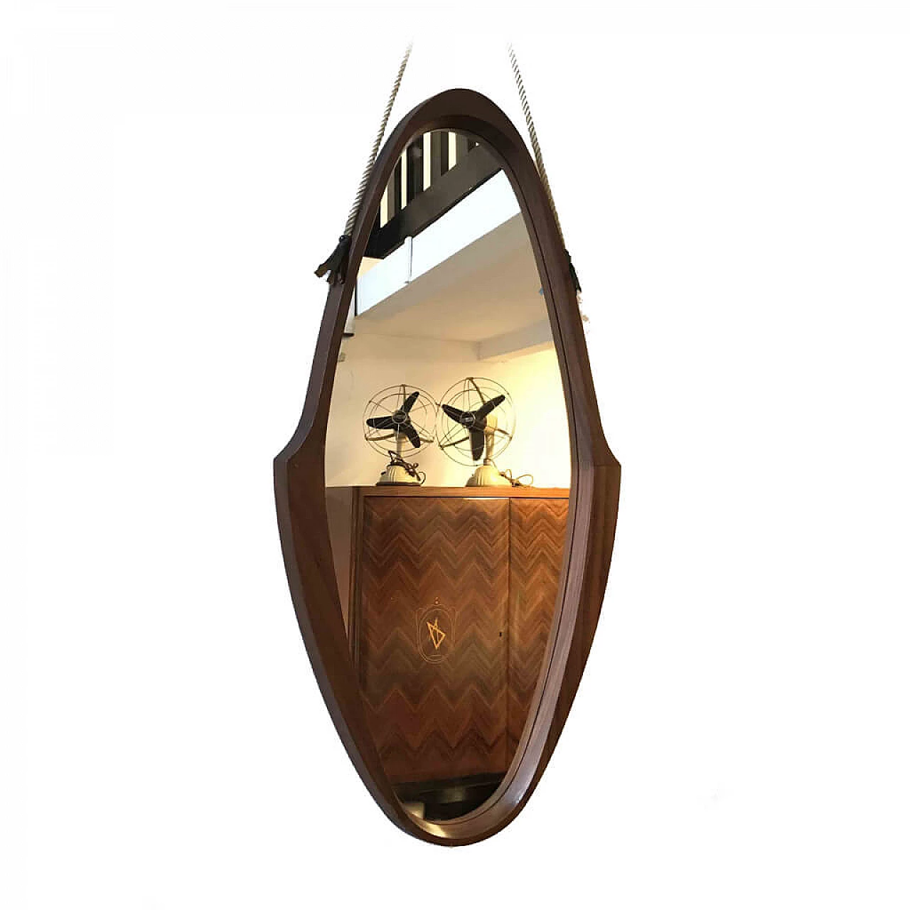 Specchio in legno, con nappa in pelle, anni '50 1080500