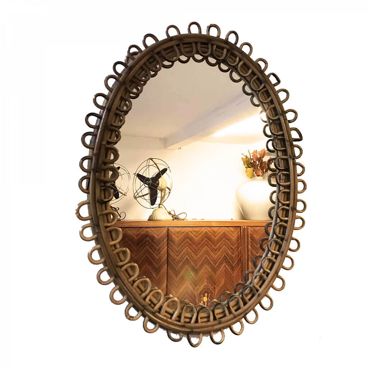 Piccolo specchio ovale in vimini, anni '60 1080501