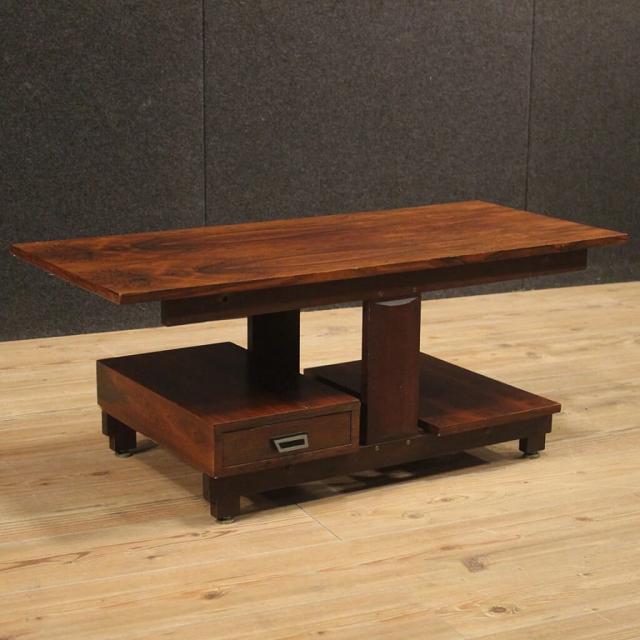 Tavolino in legno impiallacciato con cassetto, anni '70 1081728
