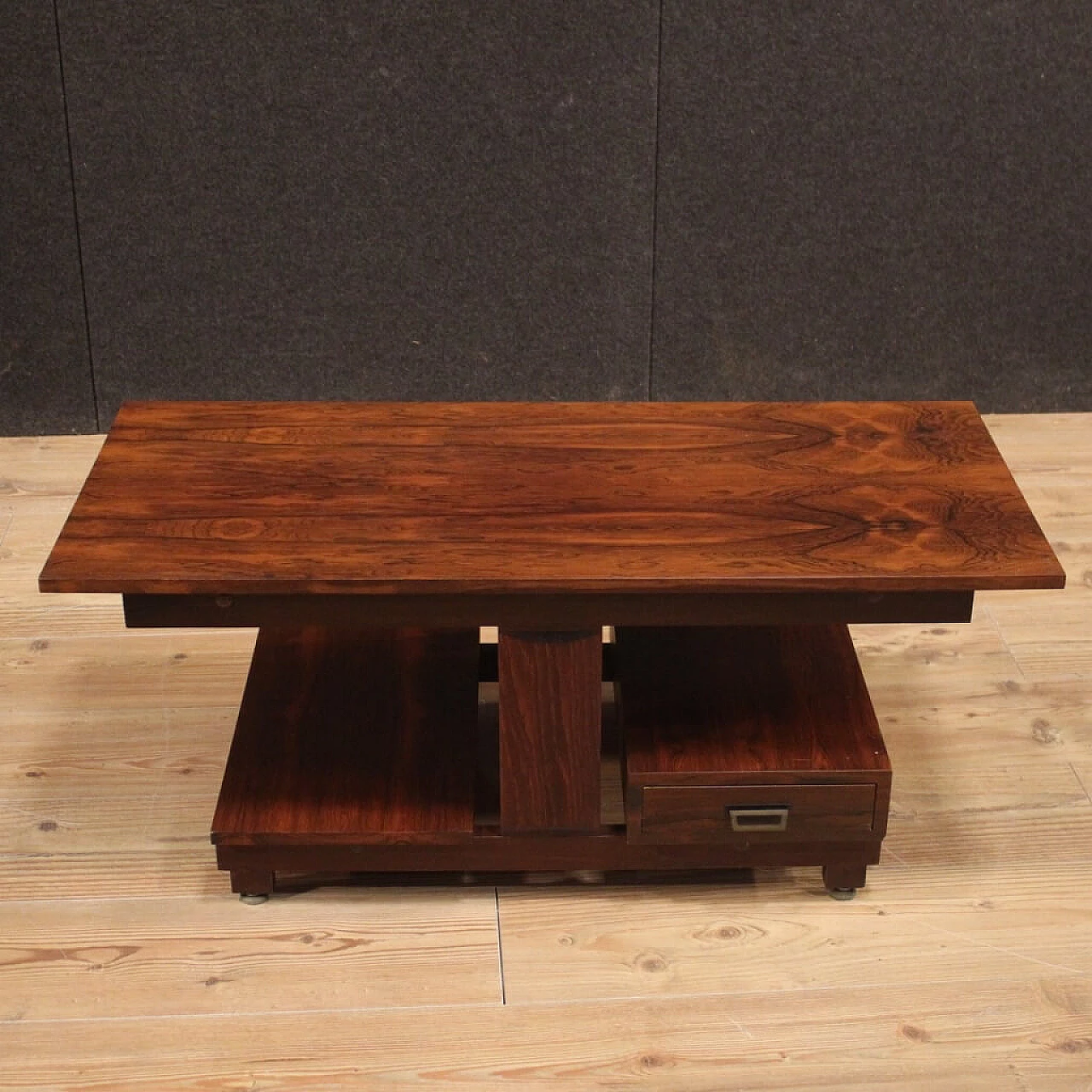 Tavolino in legno impiallacciato con cassetto, anni '70 1081734