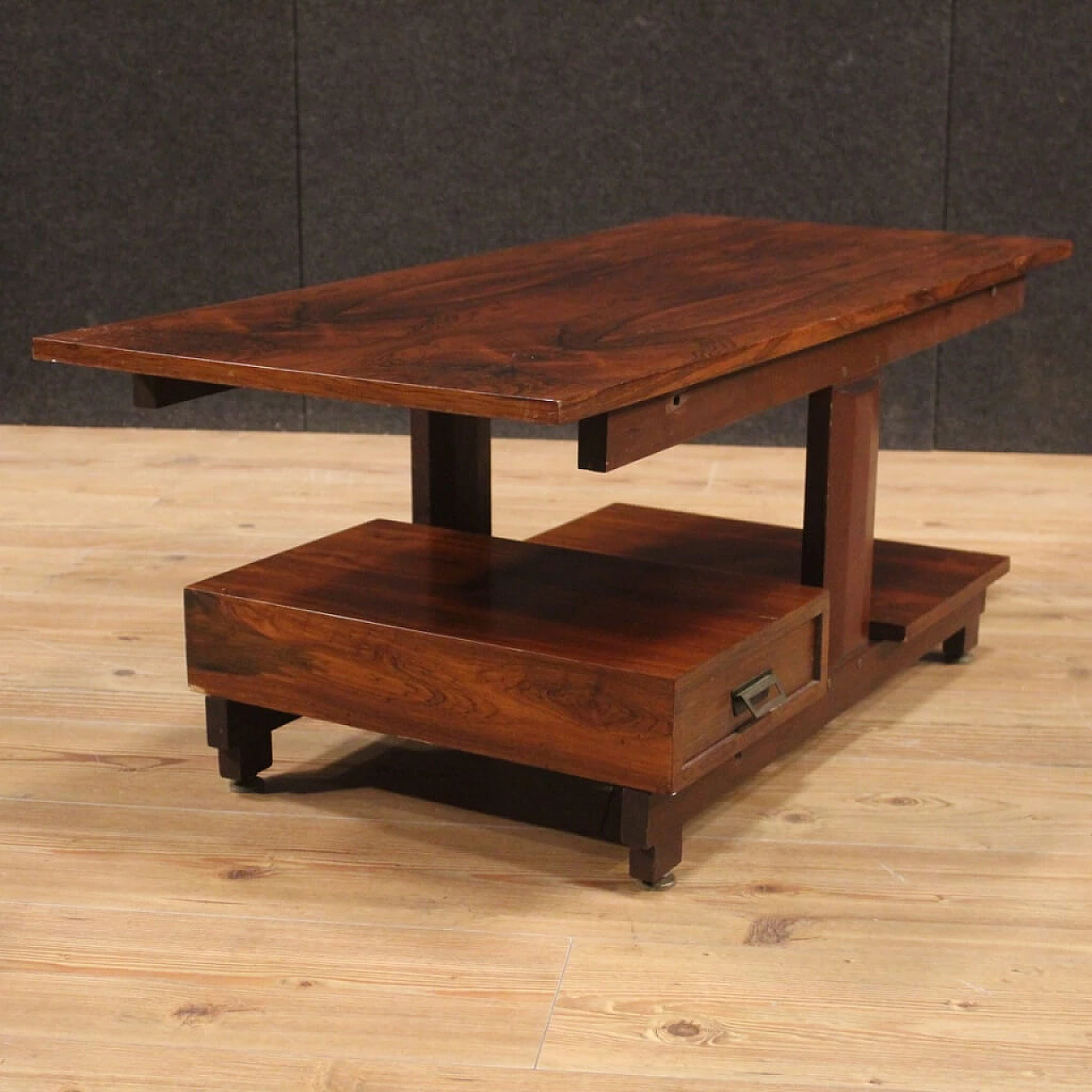 Tavolino in legno impiallacciato con cassetto, anni '70 1081737