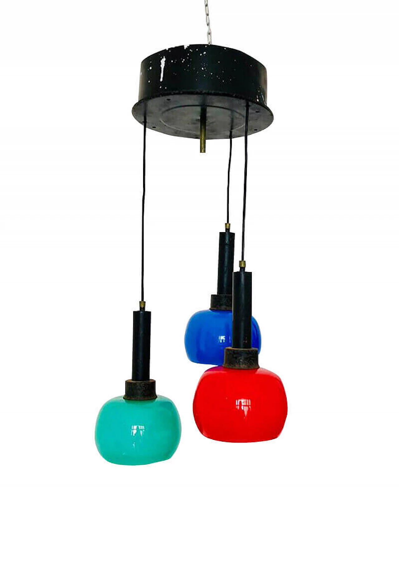 3 lights chandelier, blown glass and metal, '60s 1081744
