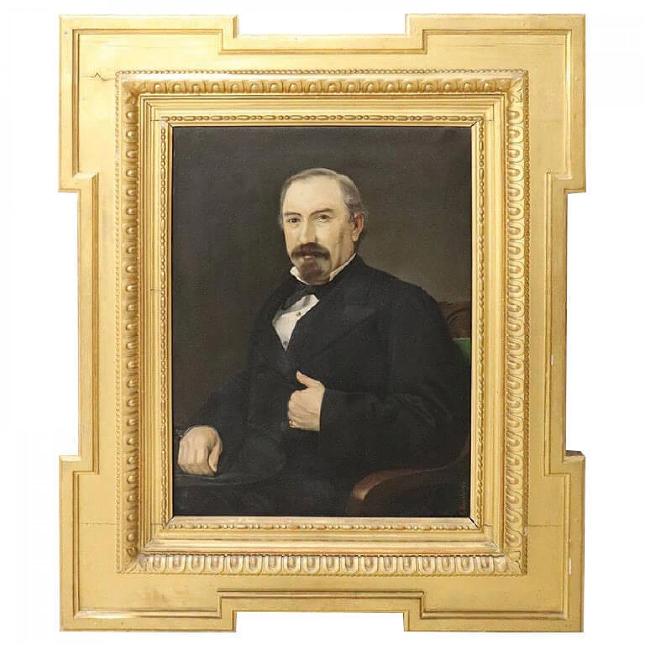 Antico ritratto olio su tela, firmato e datato 1881, cornice coeva 1081746